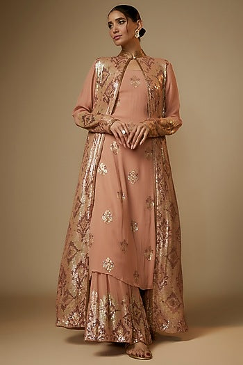 Kadambari Pink Chiffon Sequins Embroidered Jacket Set