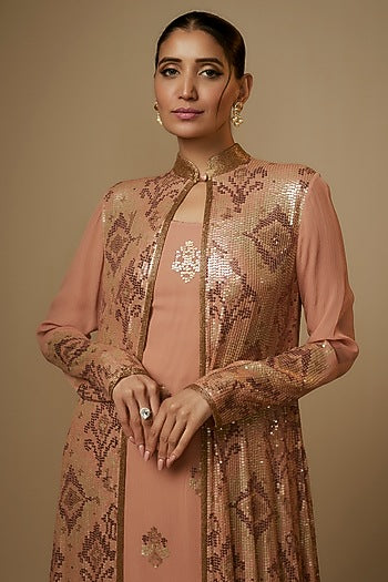 Kadambari Pink Chiffon Sequins Embroidered Jacket Set