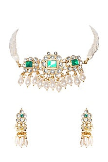 Gold Finish Pearl Drops Choker Necklace Set