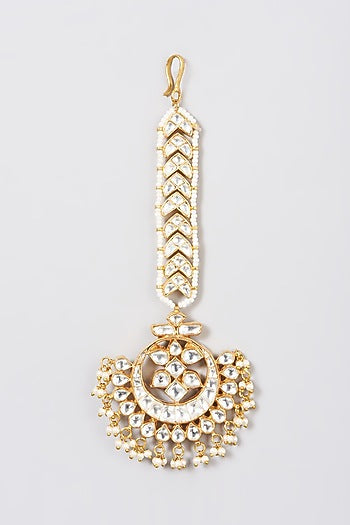Gold Finish Pearl & Kundan Polki Maangtikka