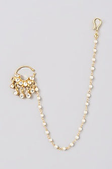 Gold Finish Pearl & Kundan Polki Nose Ring
