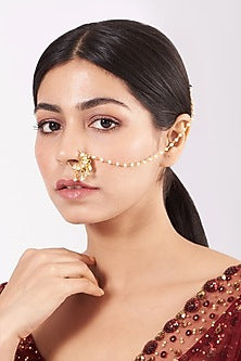 Gold Finish Pearl & Kundan Polki Nose Ring