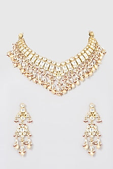 Gold Finish Pearl & Kundan Polki Necklace Set