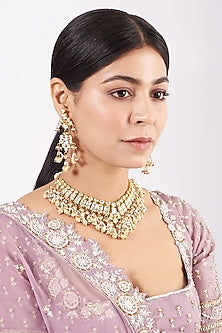 Gold Finish Pearl & Kundan Polki Necklace Set
