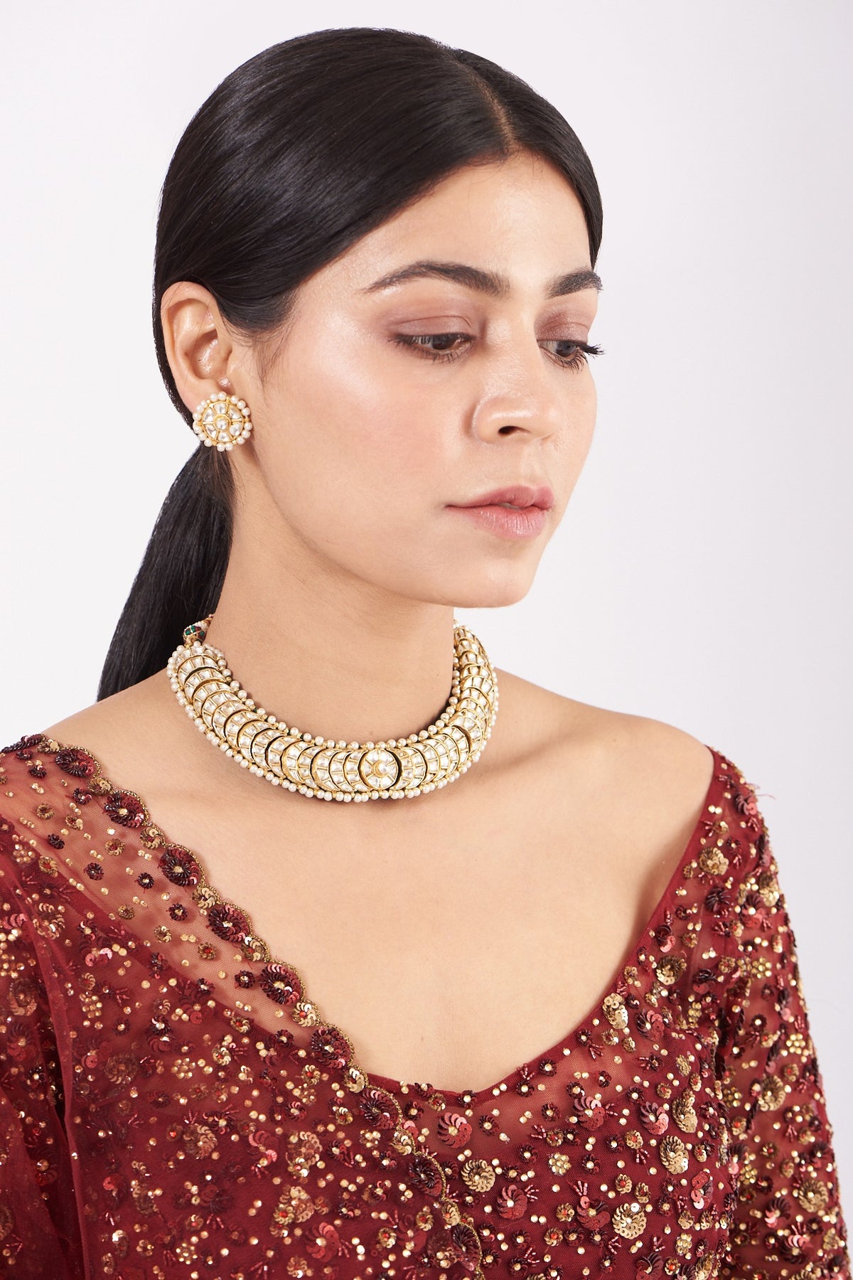 Gold Finish Pearl Choker Necklace Set