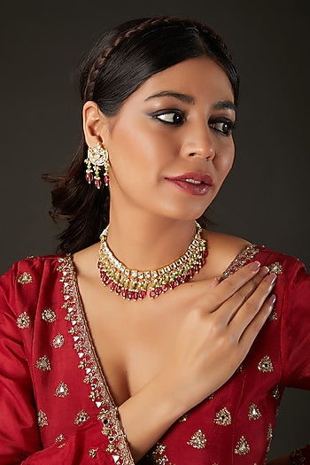 Micro Gold Finish Kundan Polki & Pink Drop Choker Necklace Set