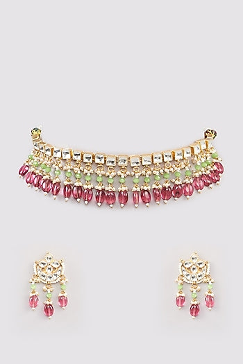 Micro Gold Finish Kundan Polki & Pink Drop Choker Necklace Set