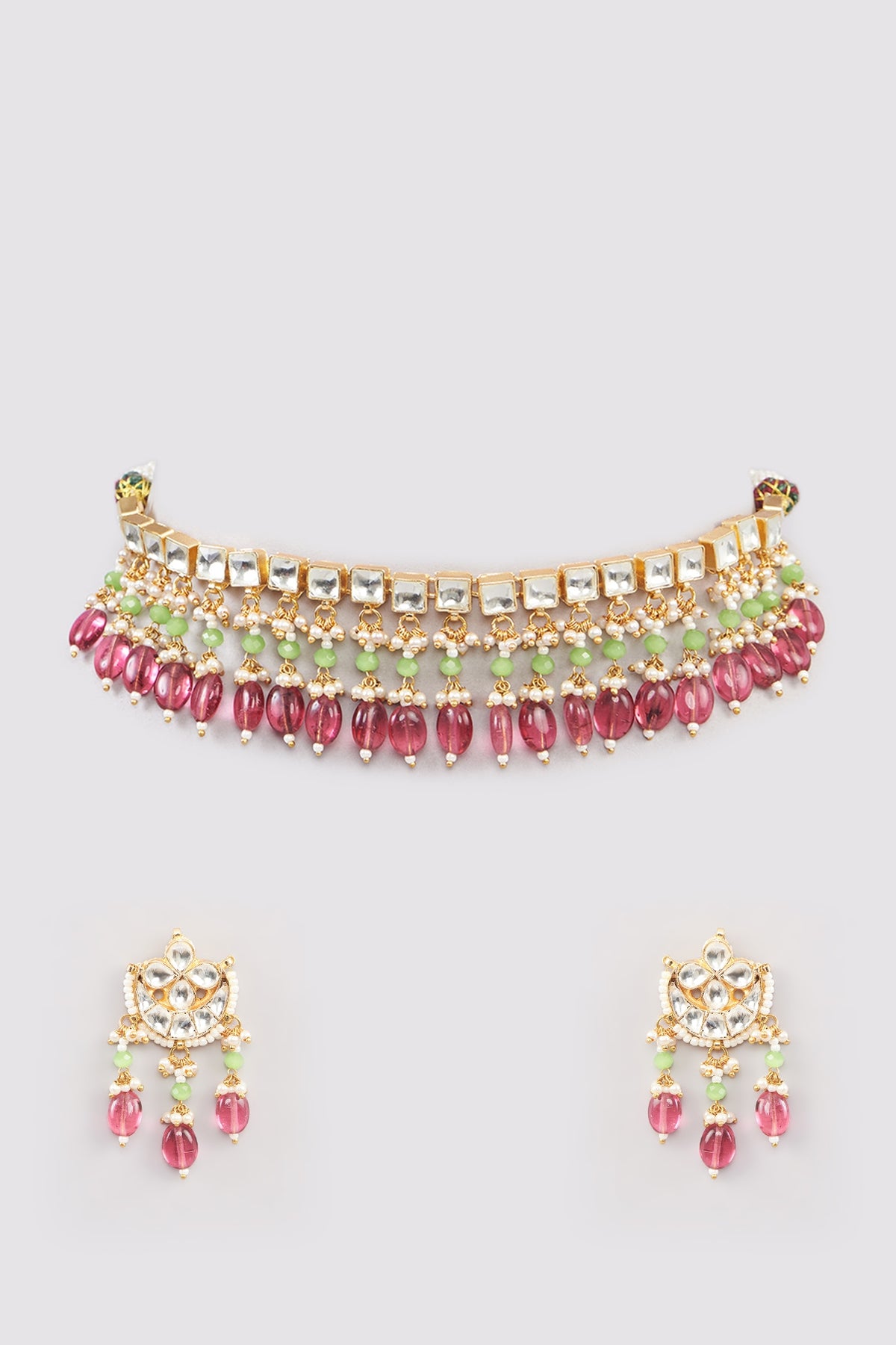 Micro Gold Finish Kundan Polki & Pink Drop Choker Necklace Set