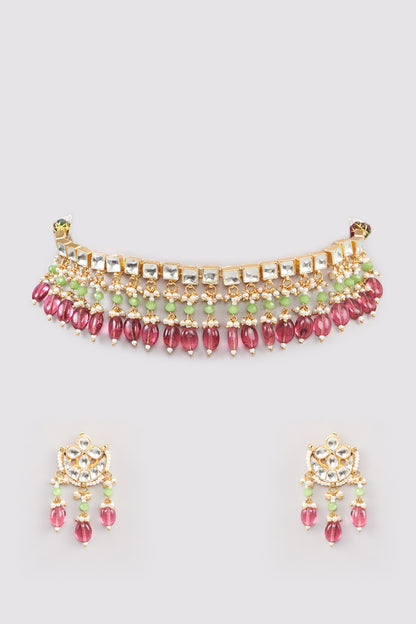 Micro Gold Finish Kundan Polki & Pink Drop Choker Necklace Set