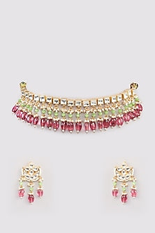 Micro Gold Finish Kundan Polki & Pink Drop Choker Necklace Set