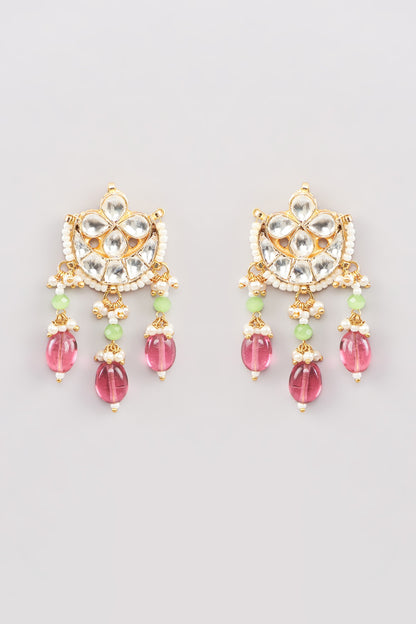 Micro Gold Finish Kundan Polki & Pink Drop Choker Necklace Set
