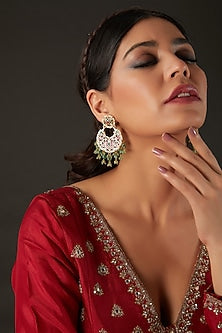 Micro Gold Finish Pink & Green Kundan Polki Chandbaali Earrings