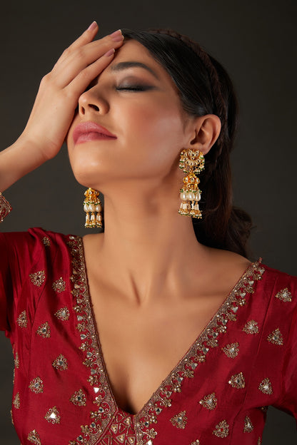 Micro Gold Finish Kundan Polki & Pearl Jhumka Earrings
