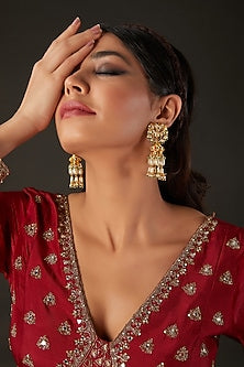 Micro Gold Finish Kundan Polki & Pearl Jhumka Earrings