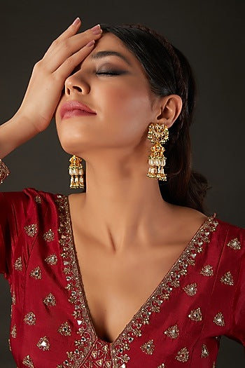 Micro Gold Finish Kundan Polki & Pearl Jhumka Earrings