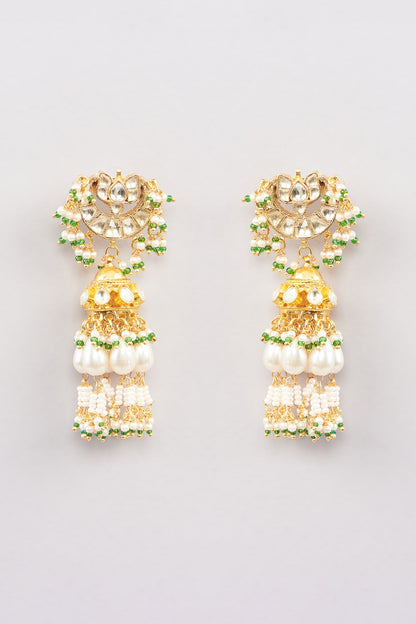 Micro Gold Finish Kundan Polki & Pearl Jhumka Earrings