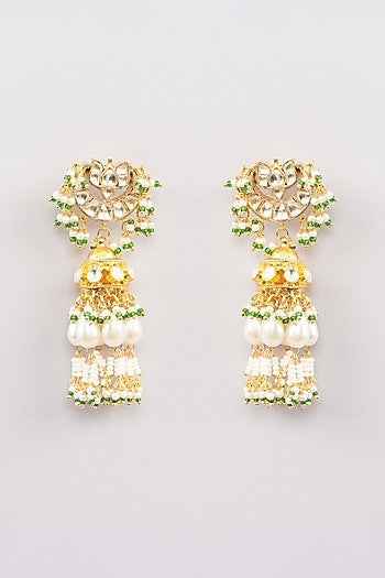 Micro Gold Finish Kundan Polki & Pearl Jhumka Earrings
