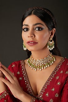 Micro Gold Finish Kundan Polki & Mint Drop Choker Necklace Set