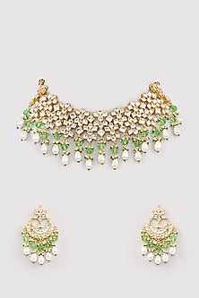 Micro Gold Finish Kundan Polki & Mint Drop Choker Necklace Set