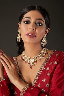 Micro Gold Finish Kundan Polki & Pink Drop Necklace Set