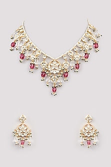 Micro Gold Finish Kundan Polki & Pink Drop Necklace Set