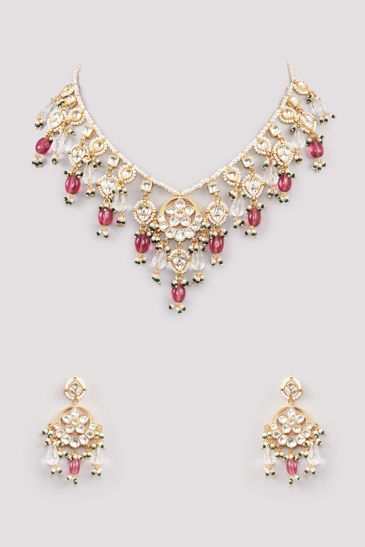 Micro Gold Finish Kundan Polki & Pink Drop Necklace Set