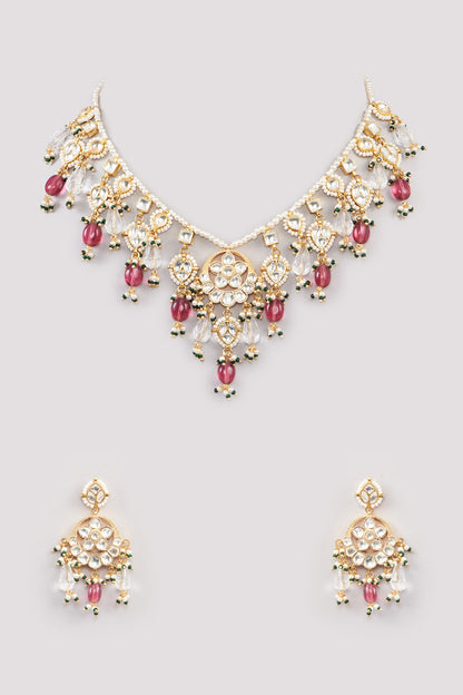 Micro Gold Finish Kundan Polki & Pink Drop Necklace Set