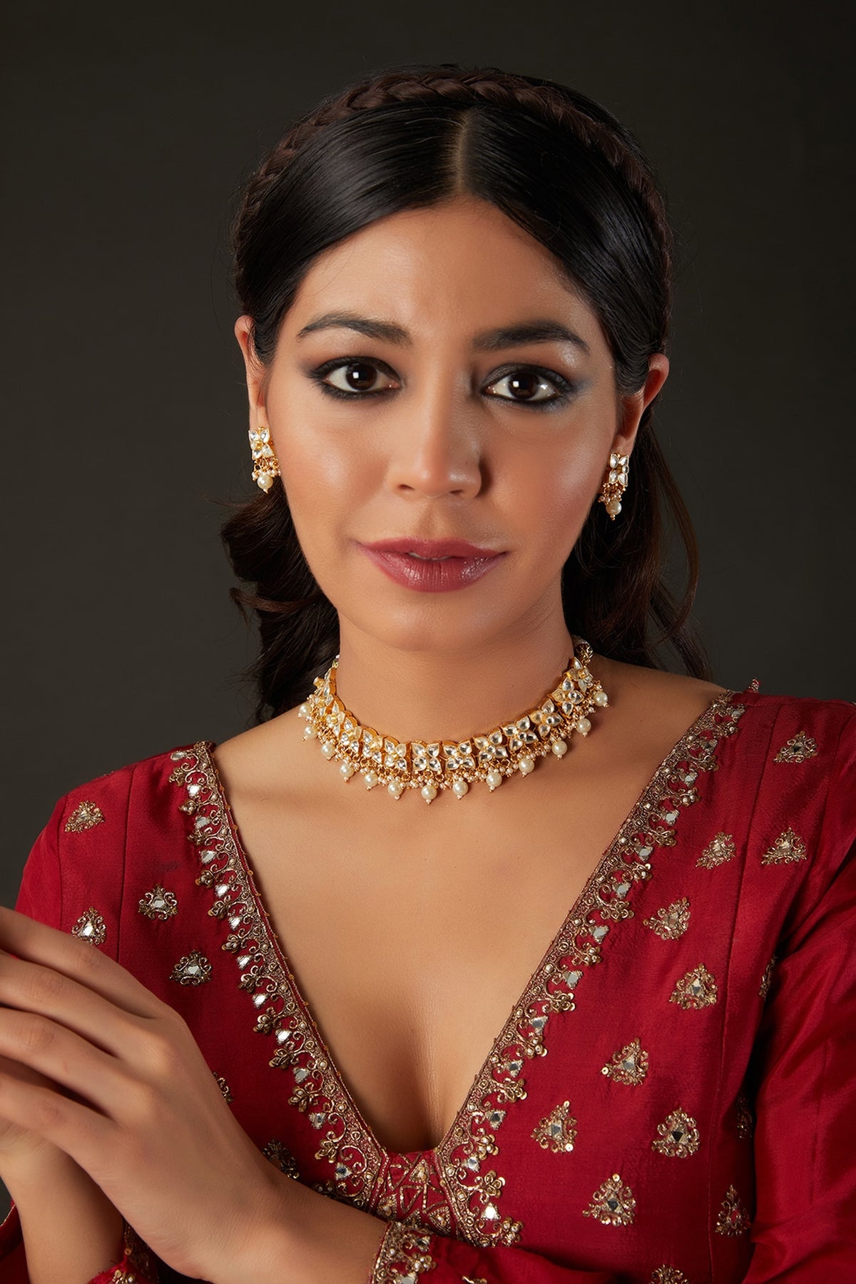 Micro Gold Finish Kundan Polki & Pearl Drop Necklace Set