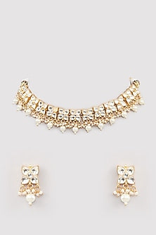 Micro Gold Finish Kundan Polki & Pearl Drop Necklace Set