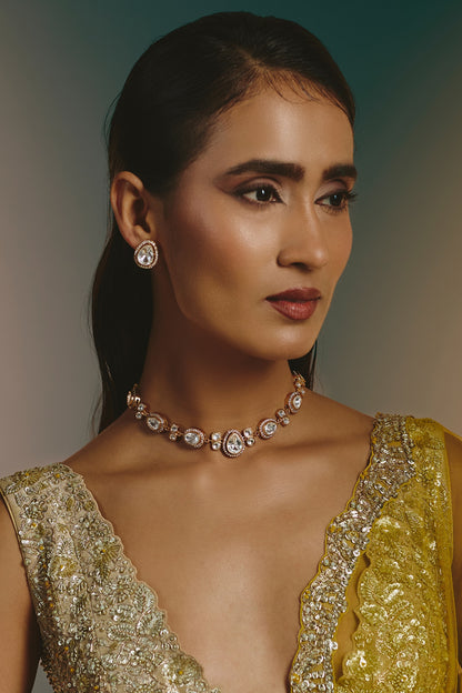 Micro Gold Finish Moissanite Polki Necklace Set
