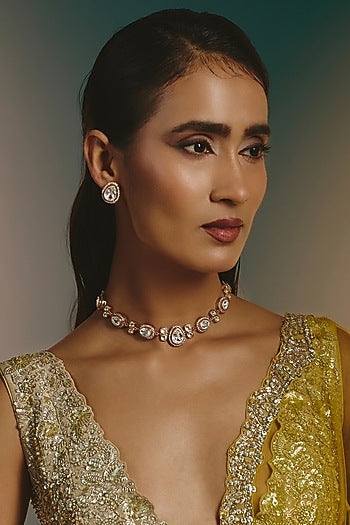 Micro Gold Finish Moissanite Polki Necklace Set