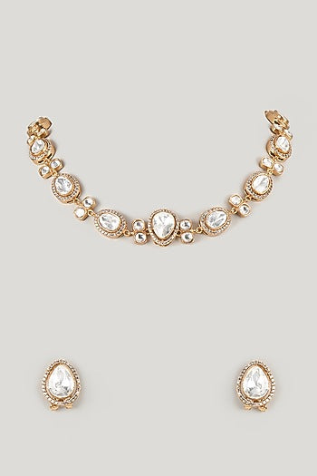 Micro Gold Finish Moissanite Polki Necklace Set