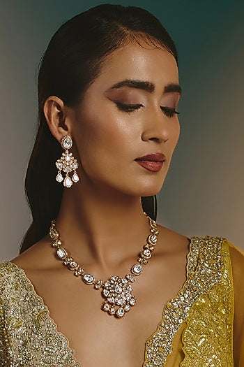 Micro Gold Finish Moissanite Polki Long Necklace Set
