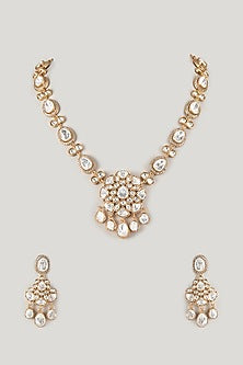 Micro Gold Finish Moissanite Polki Long Necklace Set