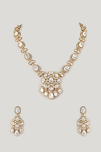 Micro Gold Finish Moissanite Polki Long Necklace Set