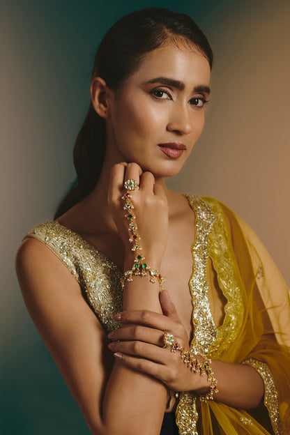 Micro Gold Finish Multi-Colored Kundan Polki Haathphool