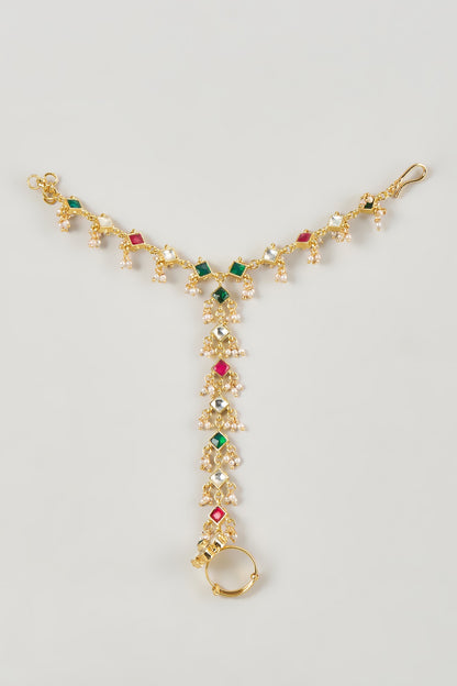 Micro Gold Finish Multi-Colored Kundan Polki Haathphool