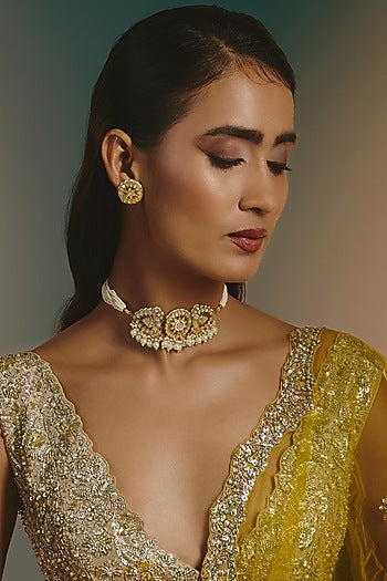 Micro Gold Finish Mother Of Pearl & Kundan Polki Choker Necklace Set