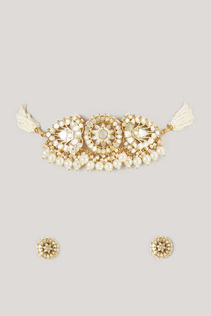 Micro Gold Finish Mother Of Pearl & Kundan Polki Choker Necklace Set