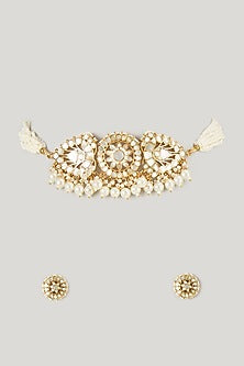 Micro Gold Finish Mother Of Pearl & Kundan Polki Choker Necklace Set