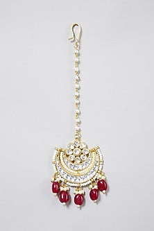 Gold Finish Maang Tikka With Red Drops