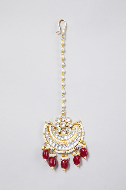Gold Finish Maang Tikka With Red Drops