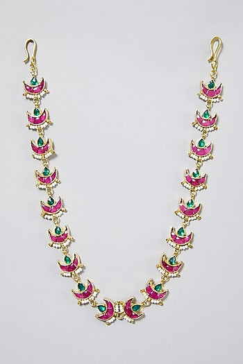 Gold Finish Pink Kundan Mathapatti