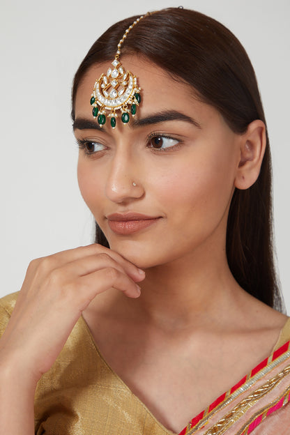 Gold Finish Green Agate Maang Tikka