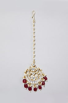 Gold Finish Red Agate Maang Tikka
