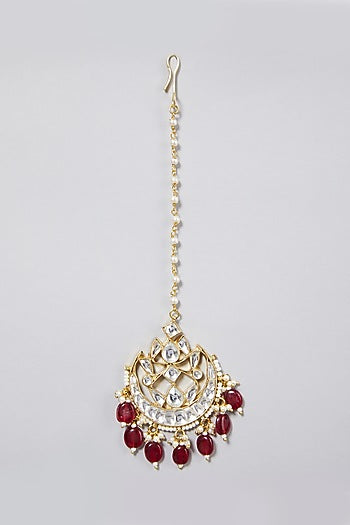 Gold Finish Red Agate Maang Tikka