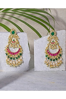 Gold Finish Pink & Green Kundan Polki Dangler Earrings