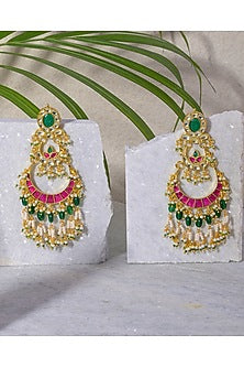 Gold Finish Pink & Green Kundan Polki Dangler Earrings