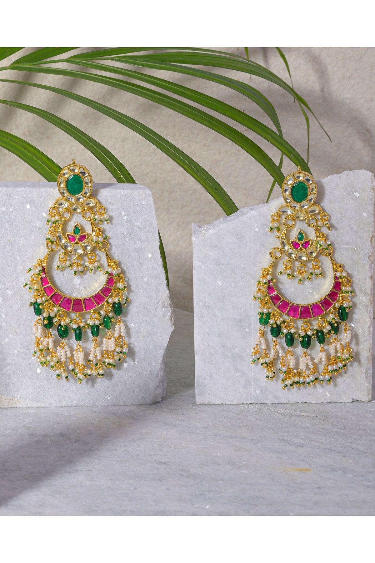 Gold Finish Pink & Green Kundan Polki Dangler Earrings