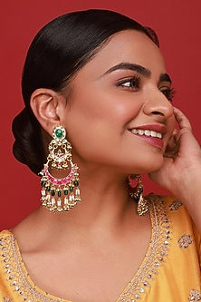 Gold Finish Pink & Green Kundan Polki Dangler Earrings